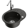 Mexen Kevin, 1-komorový granitový drez 586x458x190 mm a drezová batéria Flora, čierna-zlatá metalíza, 6517-75-670401-00