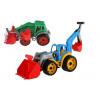 Traktor/nakladač/bager s 2 lyžicami plast na voľný chod 2 farby v sieťke 16x35x16cm