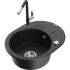 Mexen Kevin, 1-komorový granitový drez 586x458x190 mm a drezová batéria Flora, čierna-zlatá metalíza, 6517-75-670401-07