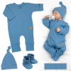 Baby Nellys Rastúci rebrovaný overálek, čiapočka a topánočky, 3D, Nature - jeans, 50/56 (0-2m)
