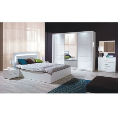 Tempo Kondela Spálňový komplet (skriňa+posteľ 160x200+2x nočný stolík), biela/vysoký biely lesk HG, ASIENA (208x213x67cm)