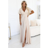 Numoco JENNIFER dlhé šaty s rozparkom na nohavici, rukávy a výstrihom - béžové 581-6 Farba: Béžová, Veľkosť: M