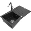 Mexen Cesar granitový drez s jednou komorou s odkvapkávačom a kuchynskou batériou Flora, čierny/strieborný metalik
