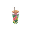 Quokka Sklenený cestovný hrnček so slamkou Liquid Cube Pink Jungle Flora 540 ml 24x8 zelená
