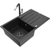 Mexen Bruno granitový jednodrez s odkvapkávačom a kuchynskou batériou Flora, čierny/strieborný metalík
