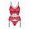 Obsessive Mettia 3 Piece Lace Suspender Set - Black/Red L/XL černá