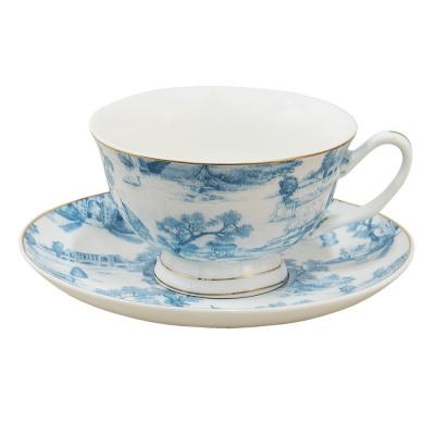Clayre & Eef Bielo-modrá porcelánová šálka s tanierikom - Ø 10*6 / Ø 15*2 cm / 250 ml