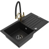 Mexen Pablo žulový drez 1-komorový s odkvapkávacou plochou a kuchynskou batériou Duo, čierny - 6510-77-671701-57-B