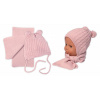 Zimní čepice na zavazování s bambulky + šál, Baby Nellys - púdrovo ružová, 56-62 (0-3m)