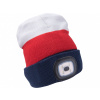 Extol light čepice s čelovkou 4x45lm, USB nabíjení, bílo-červeno-modrá, univerzální velikost, 73% acryl a 27% polyester