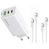 ColorWay 2x USB-C, 1x USB-A/ síťová nabíječka/ GaN/ PD/ PPS/ 65W/ Včetně 2x kabelů, USB-C-USB-C, USB-C-Lightning/ Bílá CW-CHS058PDCL-WT