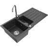 Mexen Andres granitový drez 1,5-komorový s odkvapkávačom a kuchynskou batériou Telma, čierny škvrnitý