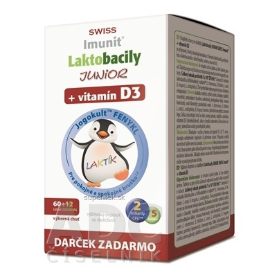 Laktobacily JUNIOR SWISS Imunit + vitamín D3 tbl 60+12 zadarmo (72 ks), 8594059739537
