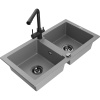 Mexen Mario granitový kuchynský drez s dvoma komorami a kuchynskou batériou Duero, sivý - 6504-71-671600-70-B