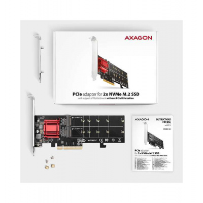 AXAGON PCEM2-ND, PCIe x8 radič - 2x M.2 NVMe M-key slot, RAID, podpora dosiek bez bifurkace, vr. LP (PCEM2-ND)