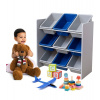 Detský regál na hračky s 9 plastovými boxmi - modro-sivý