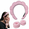 Kozmetická čelenka na hlavu a 2 ks náramkov na umývanie tváre, ružová