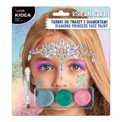 KIDEA Farby na tvár PRINCEZNÁ - 3 farby + štetec a diamanty (sada)