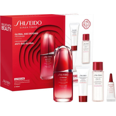Shiseido Ultimune energizujúci a ochranný koncentrát na tvár 50 ml + aktívna čistiaca pena 15 ml + hydratačná pleťová voda 30 ml + očné sérum pre komplexnú ochranu proti vráskam 3 ml