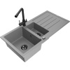 Mexen Andres žulový drez 1,5-komorový s odkvapkávačom a kuchynskou batériou Duero, sivý - 6515-71-671600-70-B