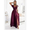 Numoco 411-10 CRYSTAL saténové dlhé šaty s výstrihom - Vínová farba