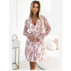 Numoco 514-1 Šifónové šaty s výstrihom, volánmi a opaskom - béžové kvety