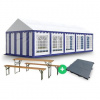 Záhradný Party stan 5x10m - PVC Standard + PIVNÉ SETY 10ks + PODLAHA 200ks farba Modrobiela