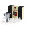 Dárková sada La Cafetière Classic Espresso - moka konvice na 3 šálky + 2 dvoustěnné sklenice na espresso, stříbrná
