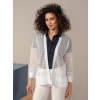 Dámsky letný priehľadný kardigan bielej farby s pruhovaným vzorom 14028