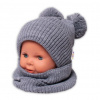 BABY NELLYS Zimná pletená čiapka + nákrčník - sivá s brmbolcami Baby Nellys