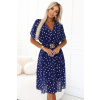 Numoco basic Zmyselné šaty s bielymi bodkami, zavinovacím výstrihom a ozdobným opaskom - tmavomodré 604-4 Farba: Modrá, Veľkosť: UNI