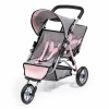 Bayer Design 39133AA Kočík pre bábiky Tandem DUO, kočík pre dvojičky, s 3 kolieskami, dvojfarebný rám, slnečná strieška, bezpečnostný pás, džínsový vzhľad sivý, ružový, motýlí motív
