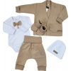 Bavlnená sada, body, nohavice, motýlik a čiapka Elegant Boy 5D, Kazum, mocca/biela, veľ.74 68 (3-6m)