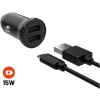 Fixed set autonabíjačky s 2xUSB výstupom a USB/micro USB káblom, 1 meter, 15W Smart Rapid Charge, čierny FIXCC15N-2UM-BK