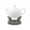 ČAJNÍK biely PORCELÁNOVÝ 1L s béžovým STOJANOM a OHREVOM na čajovú sviečku DEKOR BODKY vzor: 1.