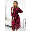 Numoco basic CARLA Plisované midi šaty na gombíky a dlhý rukáv - čierna s červenými ružami 449-2 Farba: Červená, Veľkosť: UNI