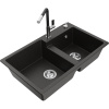 Mexen Tomas, 2-komorový granitový drez 800x500x190 mm a drezová batéria Flora, čierna-zlatá metalíza, 6516-75-670401-07