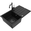 Mexen Bruno, granitový drez 795x495x200 mm, 1-komorový a drezová batéria Carla, čierna, 6513-77-670700-70-B