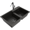 Mexen Tomas, 2-komorový granitový drez 800x500x190 mm a drezová batéria Flora, čierna-zlatá metalíza, 6516-75-670401-07-B