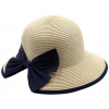 Marone Dámsky béžový letný klobúk Cloche - skrátená krempa vzadu a modrá mašľa Veľkosť: Unisize (S-XL)