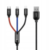 Baseus CAMLT-BSY01 Three Primary Colors 3v1 USB - micro USB / Lightning / USB-C nylonový opletený 3,5A, 1,2m, černý
