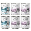6 x 400 g miešané balenia - Wolf of Wilderness - 6 x 800 g: JUNIOR 4x kačacie a teľacie, 2x kuracie a losos