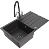 Mexen Bruno granitový drez 1-komorový s odkvapkávačom a kuchynskou batériou Duo, čierny špinený - 6513-76-671701-07-B