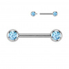 Titánový piercing do bradavky s vnútorným závitom a zirkónmi Pery Farba: Strieborná / Aqua, Veľkosť: 1,6 mm, Dĺžka / priemer: 12 mm