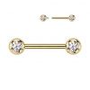 Titánový piercing do bradavky s vnútorným závitom a zirkónmi Pery Farba: Zlatá/Číra, Veľkosť: 1,6 mm, Dĺžka / priemer: 12 mm